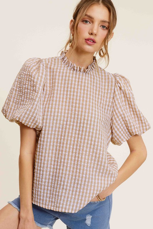 Gingham Check Print Puff Sleeve Top – LE3NO